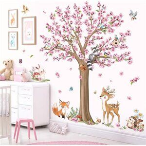 woodland animals wall decals cherry blossom tree nursery kids room wall stickers